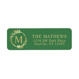 Monogram Gold Christmas Wreath Return Address Return Address Label