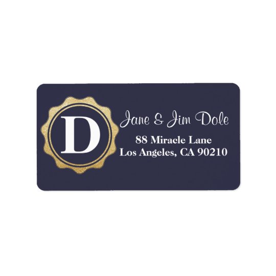 Monogram Gold Circle Return Address Label Navy 09