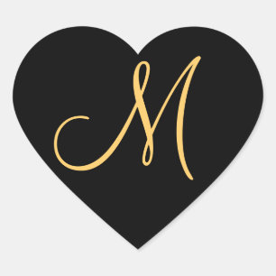 Monogram , gold coloured initial M on black Heart Sticker