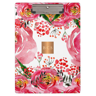 Monogram gold copper metallic pink white floral clipboard