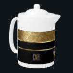 Monogram Gold Damask and Black<br><div class="desc">Teapot. Monogram Gold Damask and Black Pattern Design. 📌If you need further customisation, please click the "Click to Customise further" or "Customise or Edit Design" button and use our design tool to resize, rotate, change text colour, add text and so much more. ⭐This Product is 100% Customisable. Graphics and /...</div>