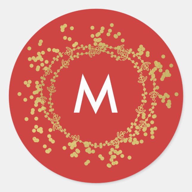 Monogram Gold Decorative Christmas Red Classic Round Sticker (Front)