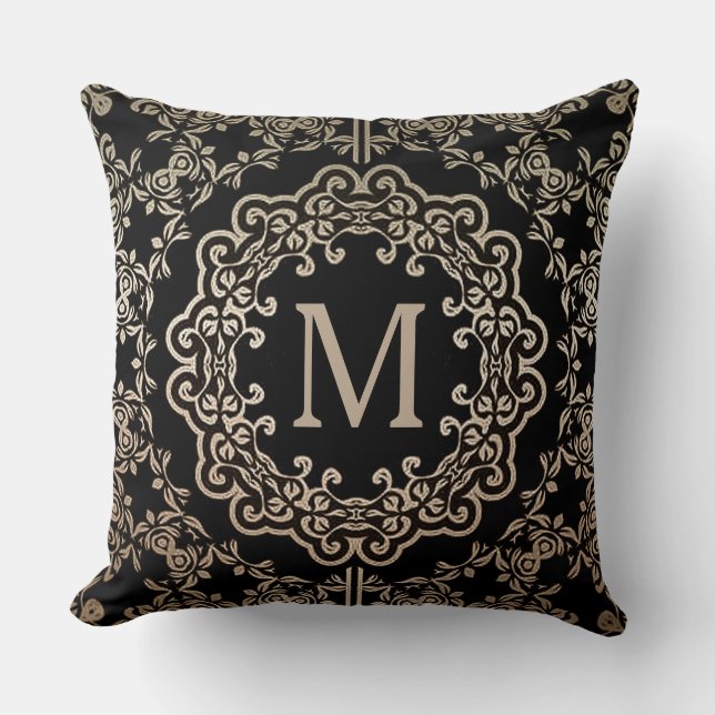 Monogram Gold Filigree Motif Throw Pillow (Front)