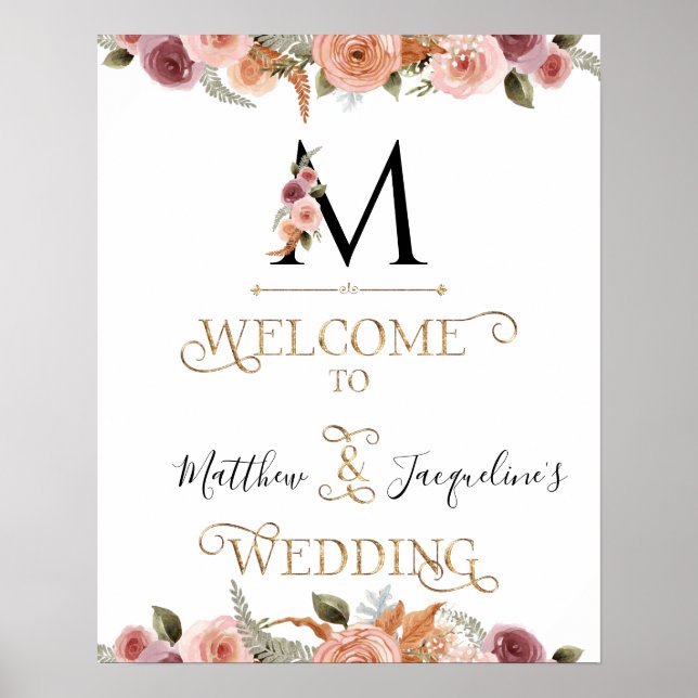 Monogram Gold Floral Calligraphy Welcome Wedding Poster (Front)