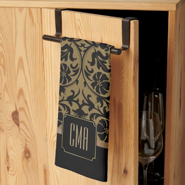 Monogram  Gold & Floral Damask Pattern Kitchen Tow Tea Towel (Thirds Fold)