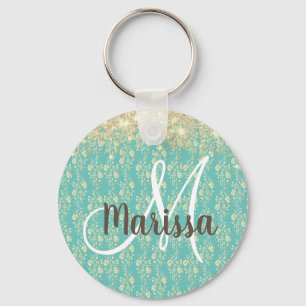 Monogram Gold Floral on Green  Key Ring