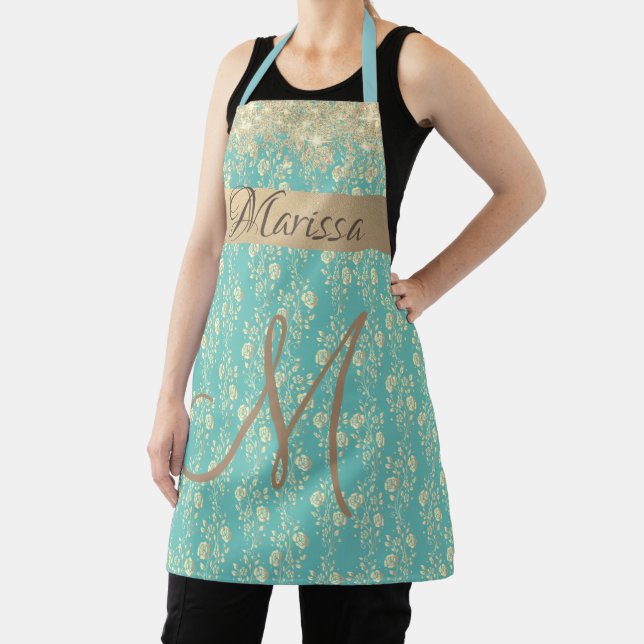 Monogram Gold Floral on Green Teal Apron (Insitu)