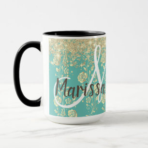 Monogram Gold Floral on Green Teal Glitter  Mug