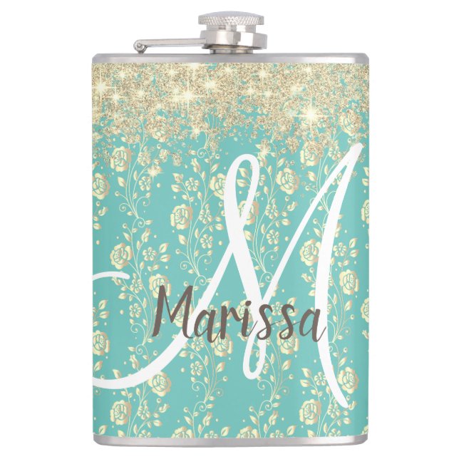 Monogram Gold Floral on Green Teal Hip Flask (Front)