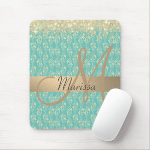 Monogram Gold Floral on Green Teal          Mouse Pad