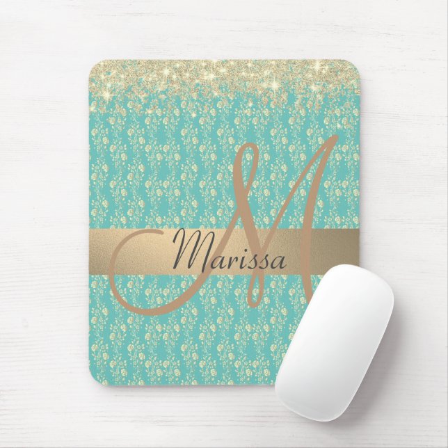 Monogram Gold Floral on Green Teal          Mouse Pad (With Mouse)