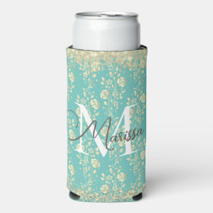 Monogram Gold Floral on Green Teal Seltzer Can Cooler