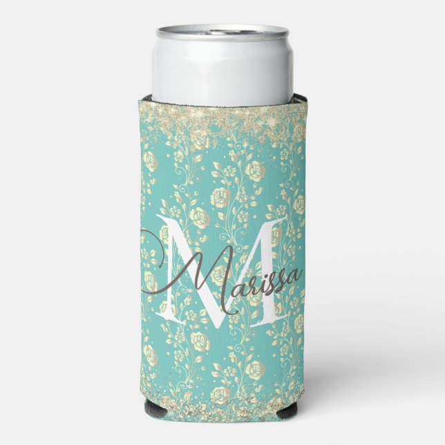 Monogram Gold Floral on Green Teal Seltzer Can Cooler (Seltzer Front)