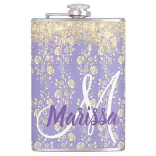Monogram Gold Floral on Lavender           Hip Flask