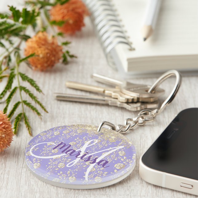 Monogram Gold Floral on Lavender         Key Ring (Front Right)