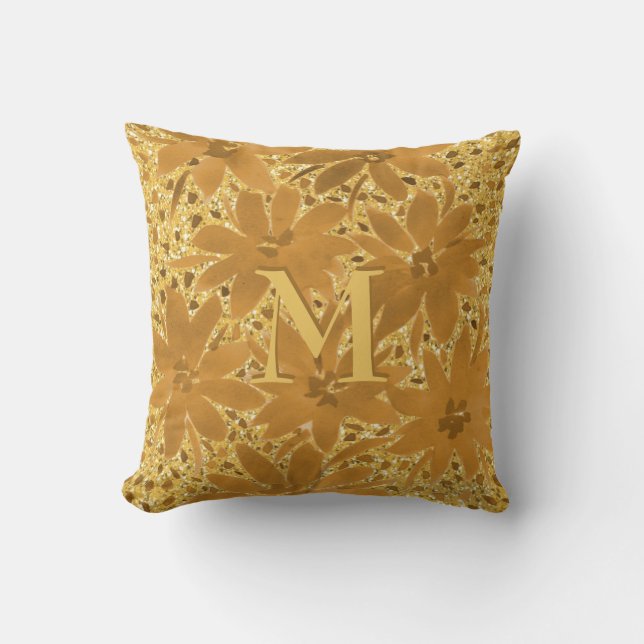 Monogram Gold Floral Sparkles  Cushion (Front)
