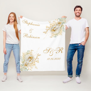 Monogram Gold Floral Wedding Gift  Fleece Blanket