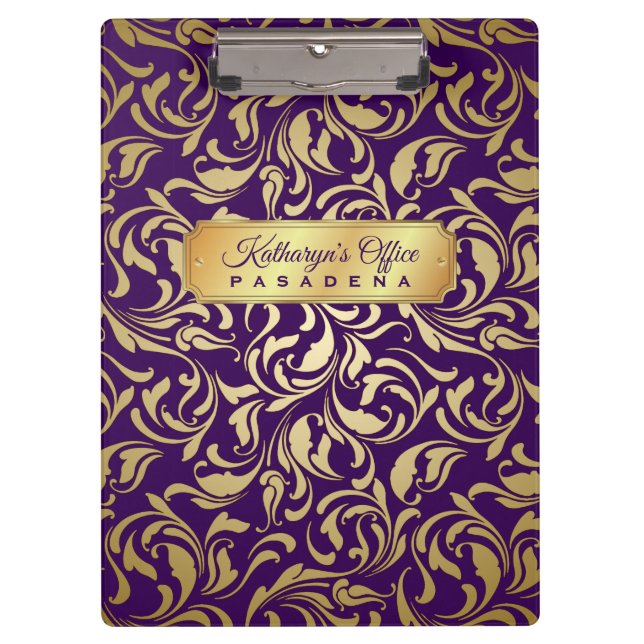 Monogram Gold Flourish Royal Purple Luxe Nameplate Clipboard (Front)