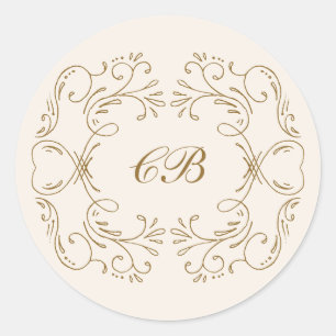 Monogram Gold Flourish Wreath Wedding Date Elegant Classic Round Sticker