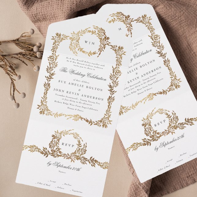 Monogram Gold Foil Crest Classic Elegant Wedding All In One Invitation (Creator Uploaded)