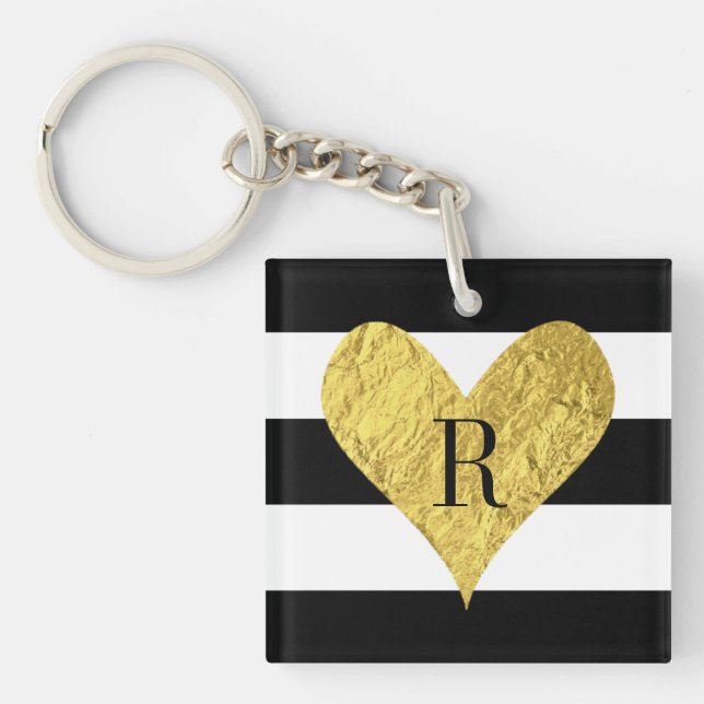 Monogram Gold Foil Heart Key Ring (Front)