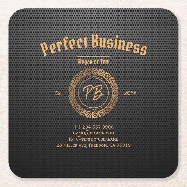 Monogram Gold Frame Black Professional Luxury Chic Square Paper Coaster (Front)