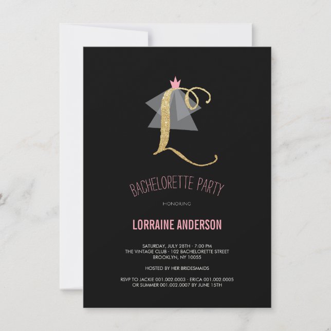 Monogram Gold Glitter Bachelorette Party Invite (Front)