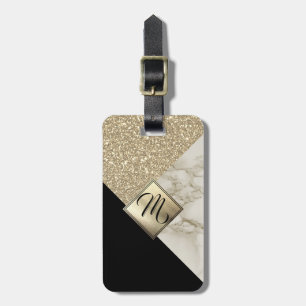Monogram Gold Glitter, Black and Marble Luggage Tag