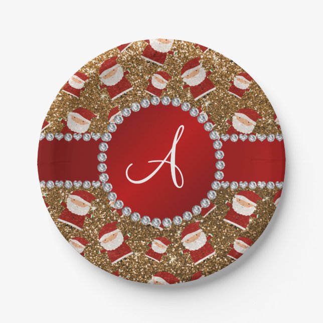 Monogram gold glitter christmas santa claus paper plate (Front)