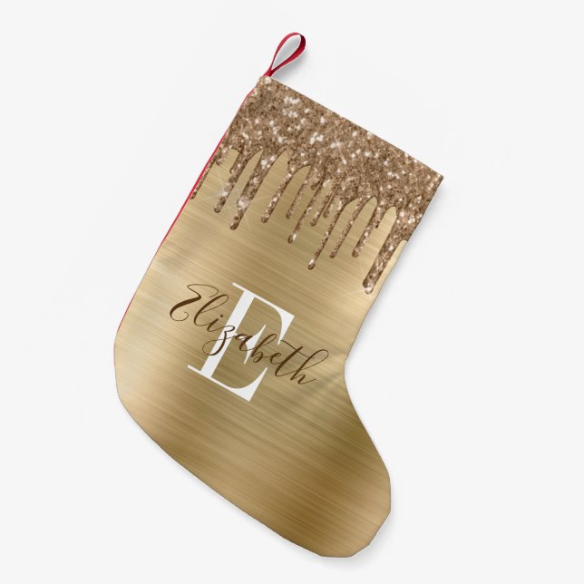 Monogram Gold Glitter Drips & Brushed Metal Small Christmas Stocking (Front (Hanging))