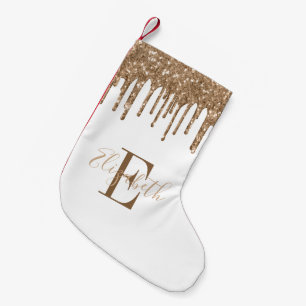 Monogram Gold  Glitter Drips White Small Christmas Stocking
