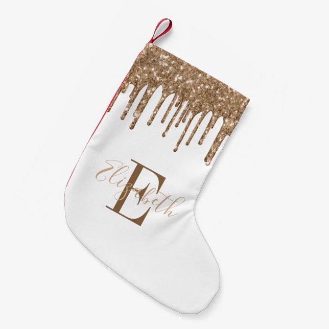 Monogram Gold  Glitter Drips White Small Christmas Stocking (Front (Hanging))