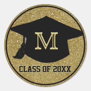 Monogram Gold Glitter Graduation Classic Round Sticker