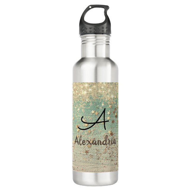 Monogram Gold Glitter on Sea Green   710 Ml Water Bottle (Front)