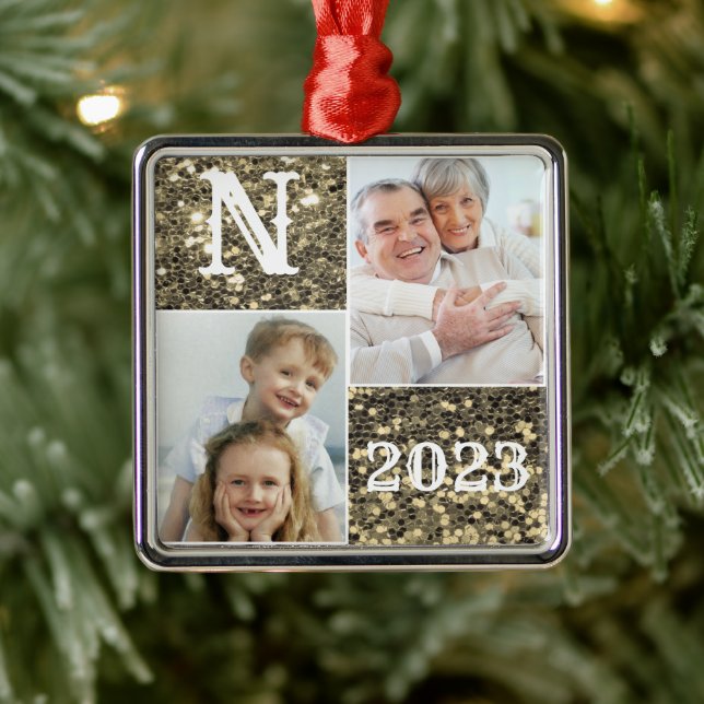 Monogram Gold Glitter Photo Christmas Holiday Metal Ornament (Tree)