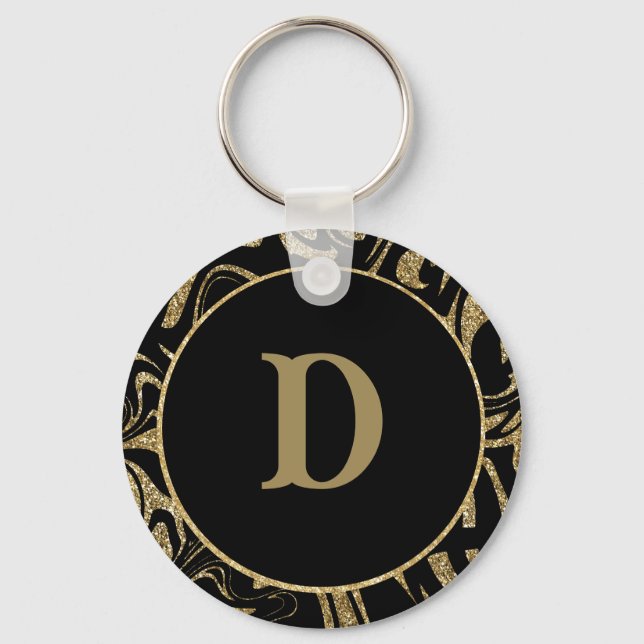 monogram Gold Glitter Sparkle &black stylish  Key Ring (Front)