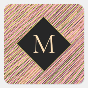 Monogram Gold Glitter Stripes Black Square Sticker