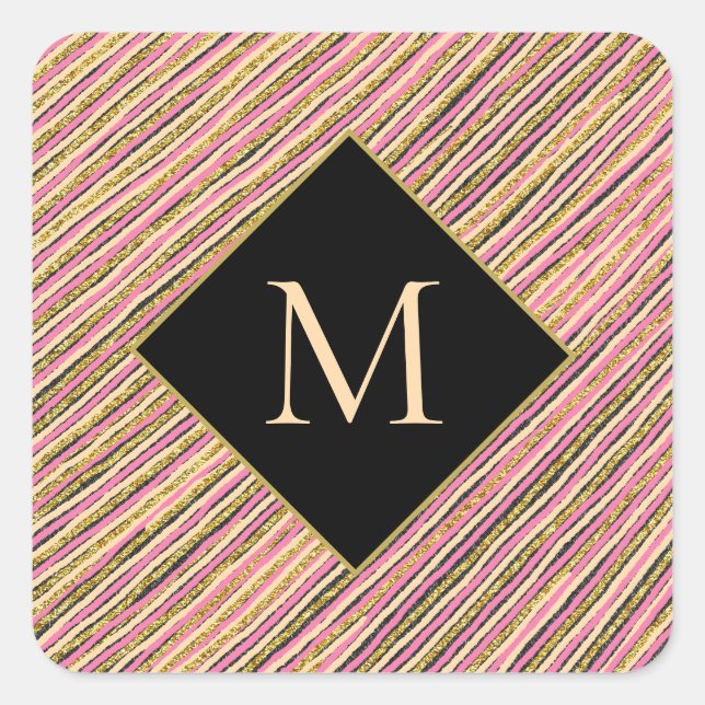 Monogram Gold Glitter Stripes Black Square Sticker (Front)