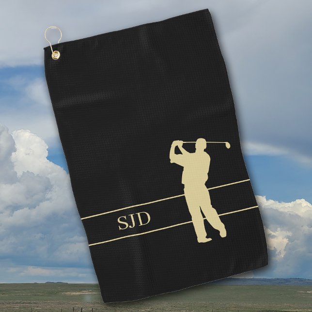 Monogram Gold Golfer on Black Golf Towel (Creator Uploaded)