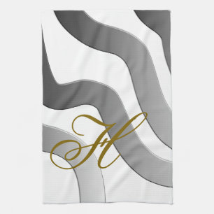 Monogram gold gradient grey white line abstract tea towel