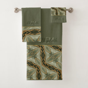 Monogram Gold Green Stylish Modern  Bath Towel Set
