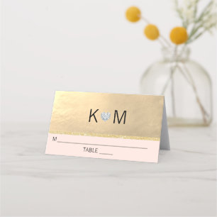 Monogram Gold Heart Diamond Blush Pink Wedding Place Card