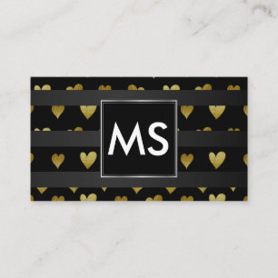 Monogram   Gold Hearts   Stripes Business Card