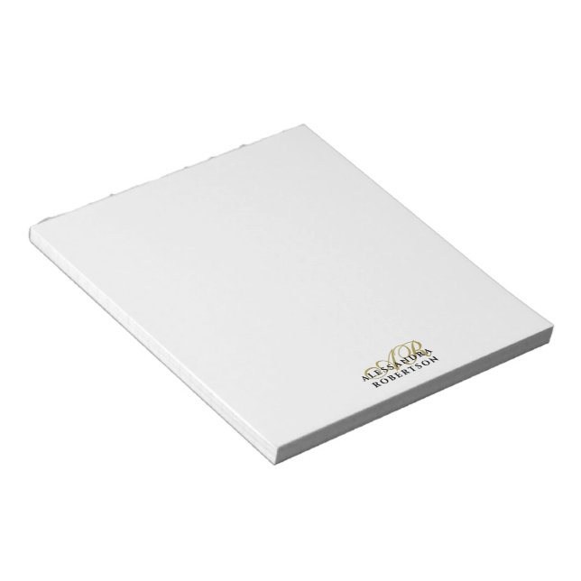 Monogram Gold Initials Black Name White Minimalist Notepad (Angled)