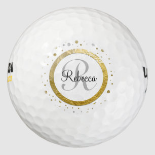 Monogram Gold Leaf Print Silver Confetti Golf Balls