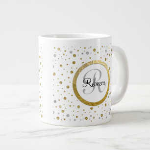 Monogram Gold Leaf Print Silver Confetti Large Coffee Mug