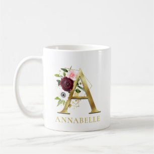 Monogram Gold Letter A   Floral Pink Burgundy Name Coffee Mug