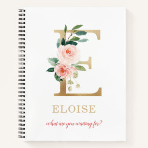 Monogram Gold Letter E   Floral Motto or quote Notebook