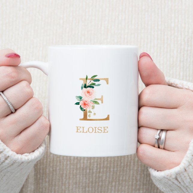Monogram Gold Letter E | Floral Pink White Green Coffee Mug (Creator Uploaded)
