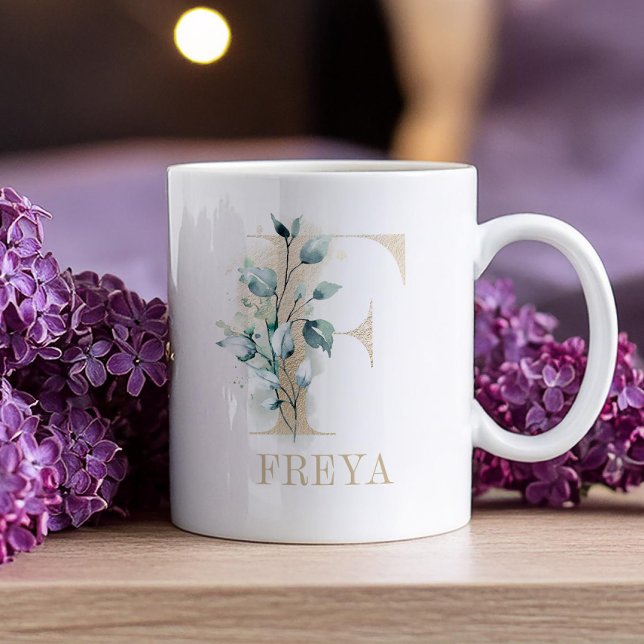 Monogram Gold Letter F Watercolor Floral Coffee Mug (Creator Uploaded)